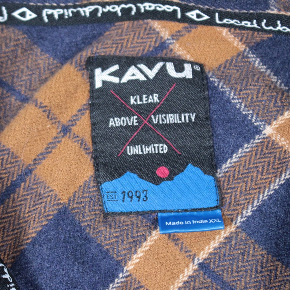 KAVU Flannel Shirt Mens XXL Blue Brown Plaid Herringbone Cotton Button Down - Picture 6 of 9